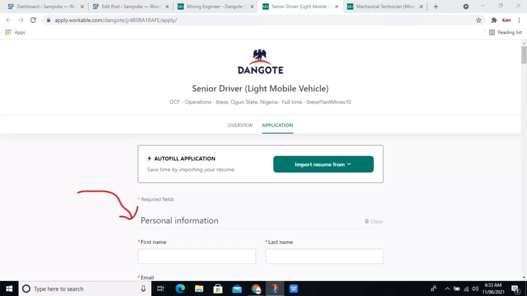 Screenshot of job opening portal at Dangote