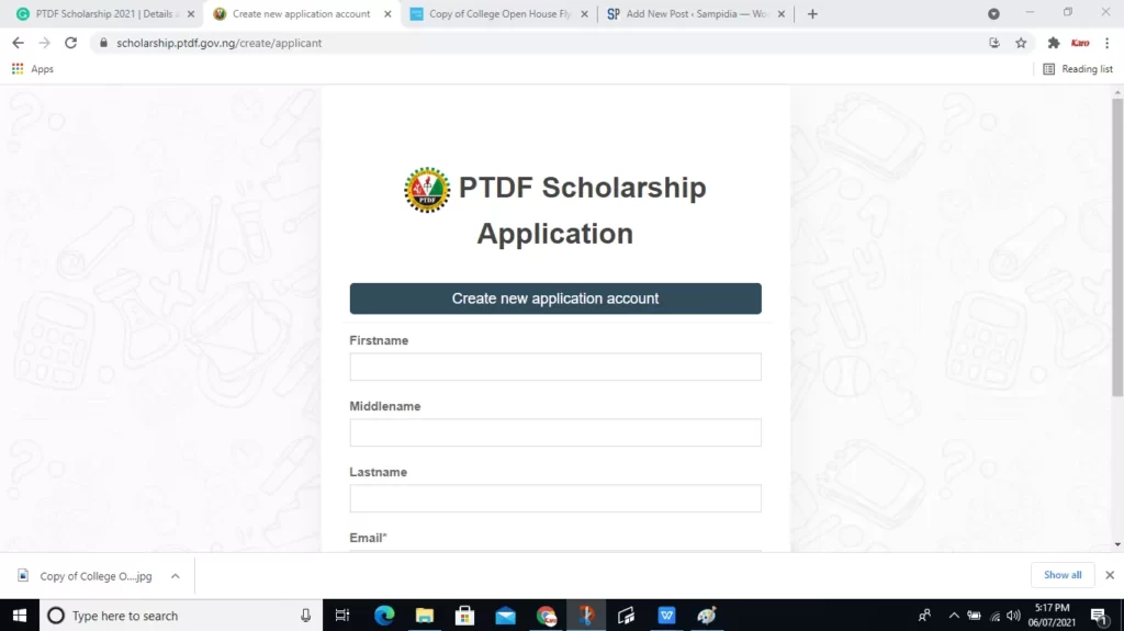 PTDF Scholarship 2021 Sceenshot of registration page
