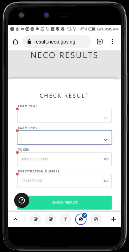 Screenshot of NECO 2021 RESULT portal